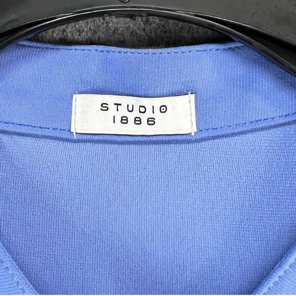 Studio 1886 Asymmetrical Top Womens S Blue Polka Dot Mesh Sleeves Button Modern - Picture 11 of 14